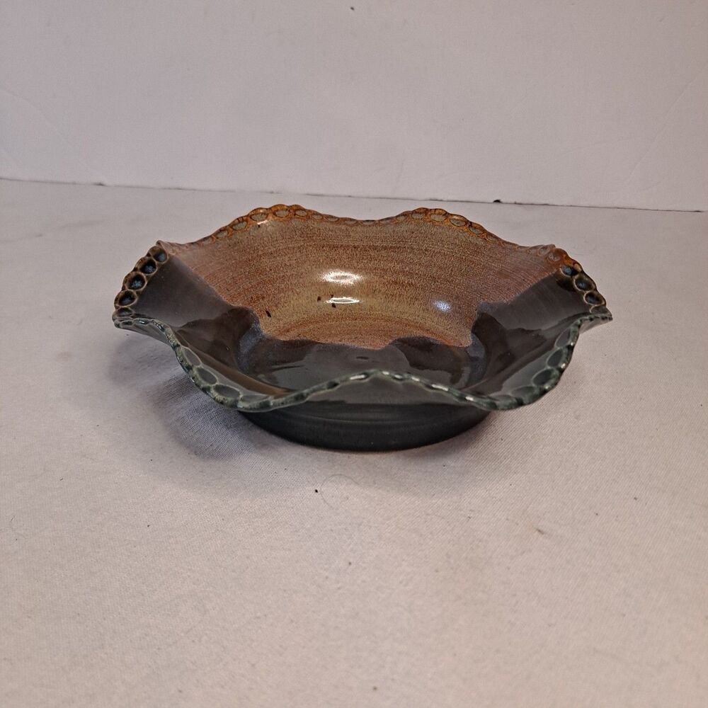 Handmade Studio Art Pottery Scalloped Bowl Marked BVP K2 Brown Blue 7-1/4"